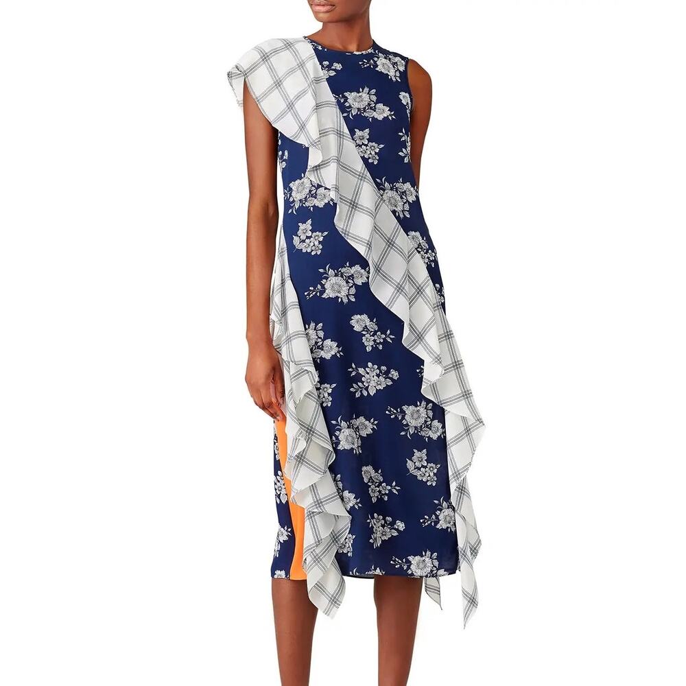 Delfi Collective Julia Blue White Floral Ruffle Sleeveless Midi Shift Dress